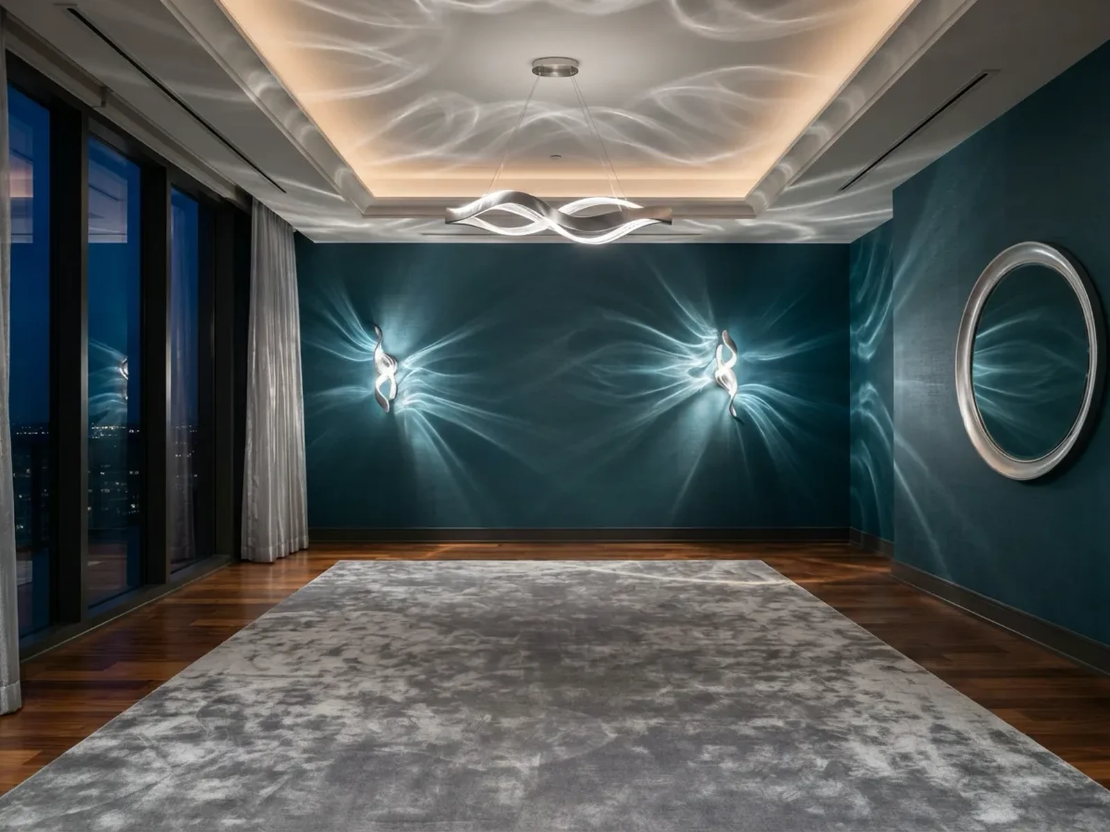 A large room with teal walls washed in water-like light, a round mirror and a silver-grey rug under a curved ceiling lamp