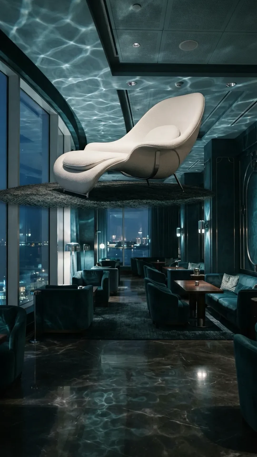 A white curved lounge chair under a ceiling of rippling water light, with teal leather sofas along windows looking out on the night city